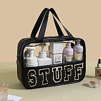 Cruoxibb Chenille Letter Clear Pvc And Pu Leather Large Travel Cosmetic Toiletry Storage Bag Waterproof Makeup Tote Bag Organize