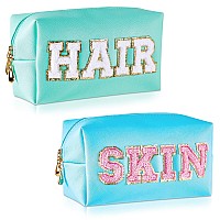 Patelai 2 Pcs Preppy Makeup Bags Chenille Letter Patch Bag Face Skin Hair Stuff Aesthetic Cosmetic Bag Travel Zipper Pouch Makeu