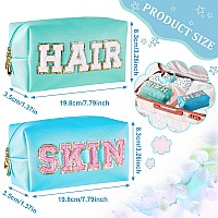 Patelai 2 Pcs Preppy Makeup Bags Chenille Letter Patch Bag Face Skin Hair Stuff Aesthetic Cosmetic Bag Travel Zipper Pouch Makeu