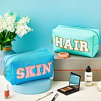 Patelai 2 Pcs Preppy Makeup Bags Chenille Letter Patch Bag Face Skin Hair Stuff Aesthetic Cosmetic Bag Travel Zipper Pouch Makeu