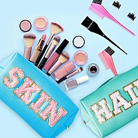 Patelai 2 Pcs Preppy Makeup Bags Chenille Letter Patch Bag Face Skin Hair Stuff Aesthetic Cosmetic Bag Travel Zipper Pouch Makeu