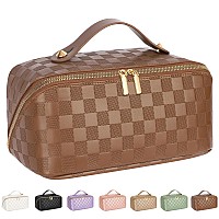 Alextina Large Capacity Travel Cosmetic Bag Portable Women Waterproof Pu Leather Checkered Makeup Organizer With Dividers And