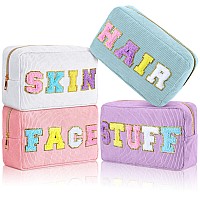 Pinkunn 4 Pcs Preppy Makeup Bags Chenille Letter Patch Bag Face Skin Hair Stuff Aesthetic Cosmetic Bag Corduroy Nylon Cosmetic B