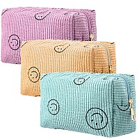 Photect 3 Pcs Corduroy Cosmetic Bag Smile Face Aesthetic Preppy Makeup Bag Corduroy Toiletry Aesthetic Pouch Travel Smile Bags F