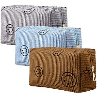 3 Pcs Corduroy Cosmetic Bag Smile Face Aesthetic Preppy Makeup Bag Corduroy Toiletry Aesthetic Pouch Travel Smile Bags For Women