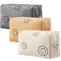 3 Pcs Corduroy Cosmetic Bag Smile Face Aesthetic Preppy Makeup Bag Corduroy Toiletry Aesthetic Pouch Travel Smile Bags For Women