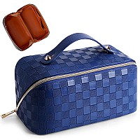 Large Capacity Travel Cosmetic Bag Plaid Checkered Makeup Bag Portable Leather Waterproof Skincare Bag With Handle And Divider F