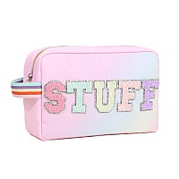 Dyshayen Nylon Cosmetic Bag Preppy Makeup Stuff Bag For Women Travel Toiletry Organizer With Glitter Letter Patchesmulticoloure