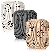 3 Pcs Corduroy Cosmetic Bag Smile Face Aesthetic Preppy Makeup Bag Corduroy Toiletry Aesthetic Pouch Travel Smile Bags For Women