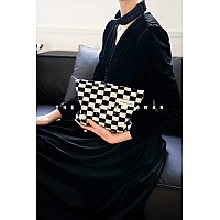 The Summer Swan | Large Aesthetic Makeup Bag | Checkered Makeup Bag | Mid-day Clutch | Period Kit Bag | Hygiene Bag | Skincare Bag | Cute Makeup Bag (Checkered Dark Navy & White)