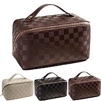 Bivizku Large Capacity Checkered Makeup Bags Portable Travel Cosmetic Bags Openflat Toiletry Waterproof Bag For Women Gift Make