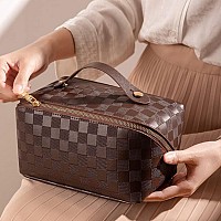 Bivizku Large Capacity Checkered Makeup Bags Portable Travel Cosmetic Bags Openflat Toiletry Waterproof Bag For Women Gift Make