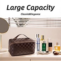 Bivizku Large Capacity Checkered Makeup Bags Portable Travel Cosmetic Bags Openflat Toiletry Waterproof Bag For Women Gift Make