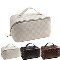 Bivizku Large Capacity Brown Checkered Makeup Bags Portable Travel Cosmetic Bags Openflat Toiletry Bag For Women Girls Make Up