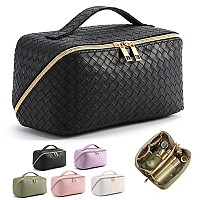 MINGRI Large Capacity Travel Cosmetic Bag for Women,Makeup Bag Travelling PU Leather Cosmetic Bag Waterproof,Multifunctional Storage Travel Toiletry Bag Skincare Bag (Woven-Black)