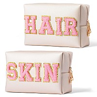 Y1Tvei 2Pcs Preppy Patch Skin Hair Varsity Letter Cosmetic Toiletry Bag Pink Letter Makeup Bag Zipper Pouch Storage Portable Pur