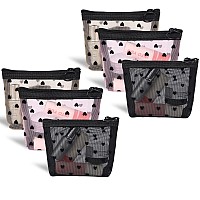 MHDGG Mini Mesh Makeup Bags,6 Pieces Heart Print Mesh Cosmetic Bags for Women Beauty Makeup Lipstick Cosmetic Accessories Organizer Mini Zipper Mesh Bags Small Travel Kit Storage Pouch,3 Colors