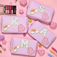 Elilier Teen Girls Makeup Bag Chenille Letter Pouch Cosmetic Bag W Zipper Pu Leather Waterproof Toiletry Bag Bridal Shower Gi