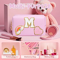 Elilier Teen Girls Makeup Bag Chenille Letter Pouch Cosmetic Bag W Zipper Pu Leather Waterproof Toiletry Bag Bridal Shower Gi