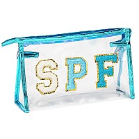 Asodsway Preppy Patch Spf Clear Cosmetic Bag Spf Varsity Letter Toiletry Bag Waterproof Pvc Cosmetic Case Multifunction Zippere