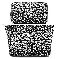 Soidram 2 Pieces Leopard Print Makeup Bag Large Cosmetic Bag Capacity Canvas Mix Travel Toiletry Bag Organizer Cute Makeup Brush