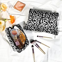 Soidram 2 Pieces Leopard Print Makeup Bag Large Cosmetic Bag Capacity Canvas Mix Travel Toiletry Bag Organizer Cute Makeup Brush