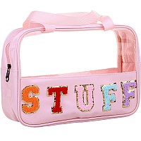 Cruoxibb Chenille Letter Clear Pvc And Pu Leather Large Travel Cosmetic Toiletry Storage Bag Waterproof Makeup Tote Bag Organize