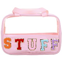 Cruoxibb Chenille Letter Clear Pvc And Pu Leather Large Travel Cosmetic Toiletry Storage Bag Waterproof Makeup Tote Bag Organize