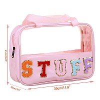 Cruoxibb Chenille Letter Clear Pvc And Pu Leather Large Travel Cosmetic Toiletry Storage Bag Waterproof Makeup Tote Bag Organize