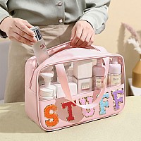 Cruoxibb Chenille Letter Clear Pvc And Pu Leather Large Travel Cosmetic Toiletry Storage Bag Waterproof Makeup Tote Bag Organize