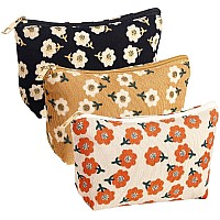 Photect 3 Pcs Floral Makeup Pouch Set for Women Corduroy Floral Make up Bag Canvas Cosmetic Zipper Pouch Large Capacity Makeup Organizer Storage Accessories(Cute)