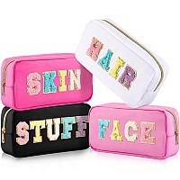 4 Pcs Preppy Makeup Bag Chenille Letter Nylon Cosmetic Bag Makeup Organizer Bag Toiletry Cosmetic Case Preppy Bag With Zipper St