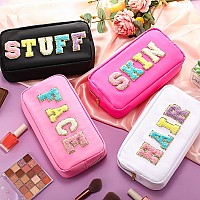 4 Pcs Preppy Makeup Bag Chenille Letter Nylon Cosmetic Bag Makeup Organizer Bag Toiletry Cosmetic Case Preppy Bag With Zipper St