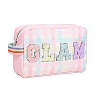 Dyshayen Nylon Cosmetic Bag Preppy Makeup Bag For Women Travel Toiletry Organizer With Glitter Letter Patchesmulticolored Gingh