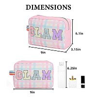 Dyshayen Nylon Cosmetic Bag Preppy Makeup Bag For Women Travel Toiletry Organizer With Glitter Letter Patchesmulticolored Gingh