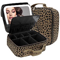 Momira Travel Makeup Bag Cosmetic Bag Makeup Organizer Bag With Large Lighted Mirrorleopard Lightbrown