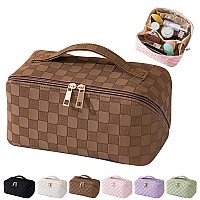 Mingri Large Capacity Travel Cosmetic Bag For Womenportable Pu Leather Checkered Makeup Bag Water Resistantflat Open Multifunc