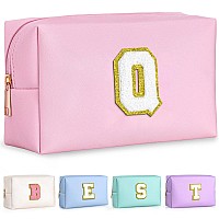 Topeast Preppy Pink Pu Leather Makeup Bag With Gold Glitter Chenille Patch 83In X 35In X 49In