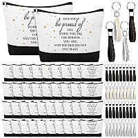 Sanwuta 80 Pcs Thank You Valentines Gifts for Women Make up Bags Bulk Thank Gift Employee Appreciation 40 Makeup Bags Canvas Bag with 40 Inspirational Sign Keychains for Women Men(Be Proud Sign)