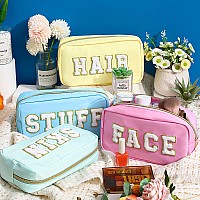 4 Pcs Preppy Makeup Bag Chenille Letter Nylon Cosmetic Bag Makeup Bag Toiletry Cosmetic Case Preppy Bag With Zipper Stuff Bag Co