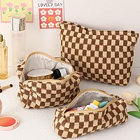 Lydztion Large Capacity Makeup Bag Set 3 Pieces Checkered Cosmetic Bag For Women Travel Makeup Bag Organizer Cute Makeup Brush