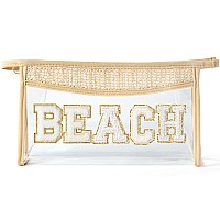 Belanttega Boho Patch Cosmetic Bag Summer Beach Chenille Varsity Letter Toiletry Bag Beige Clear Waterproof Travel Makeup Bag