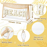 Belanttega Boho Patch Cosmetic Bag Summer Beach Chenille Varsity Letter Toiletry Bag Beige Clear Waterproof Travel Makeup Bag