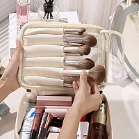 Pocmimut Makeup Bagpu Leather Make Up Bag Cosmetic Baglarge Makeup Bag With Brush Holder For Womenbeige