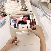 Pocmimut Makeup Bagpu Leather Make Up Bag Cosmetic Baglarge Makeup Bag With Brush Holder For Womenbeige