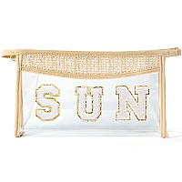 Belanttega Boho Patch Cosmetic Bag Summer Sun Chenille Varsity Letter Toiletry Bag Beige Clear Waterproof Travel Makeup Bag Pv