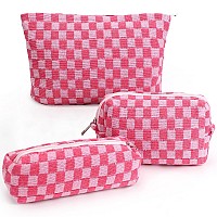 Gocvo 3 Pcs Makeup Bag Cosmetic Bag Set For Girls Women Checkered Travel Organizer Bathroom Toiletry Pouch Large Capacity Storage Bag (Rose-Red)