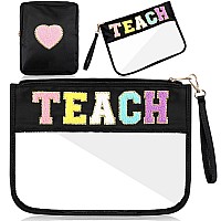 Hillban 2 Pcs Teacher Gifts Chenille Letter Bags Preppy Patch Makeup Bag Flat Clear Pouch Pvc Organizer Purse Waterproof Travel