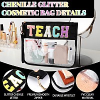 Hillban 2 Pcs Teacher Gifts Chenille Letter Bags Preppy Patch Makeup Bag Flat Clear Pouch Pvc Organizer Purse Waterproof Travel