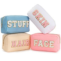 HBselect 4 Pcs Nylon Cosmetic Bag Preppy Makeup Bag Chenille Letter Travel Cosmetic Bag Large Capacity Toiletry Bag Waterproof Makeup Organizer Pouch Set for Women (STUFF, SKIN, HAIR, FACE)